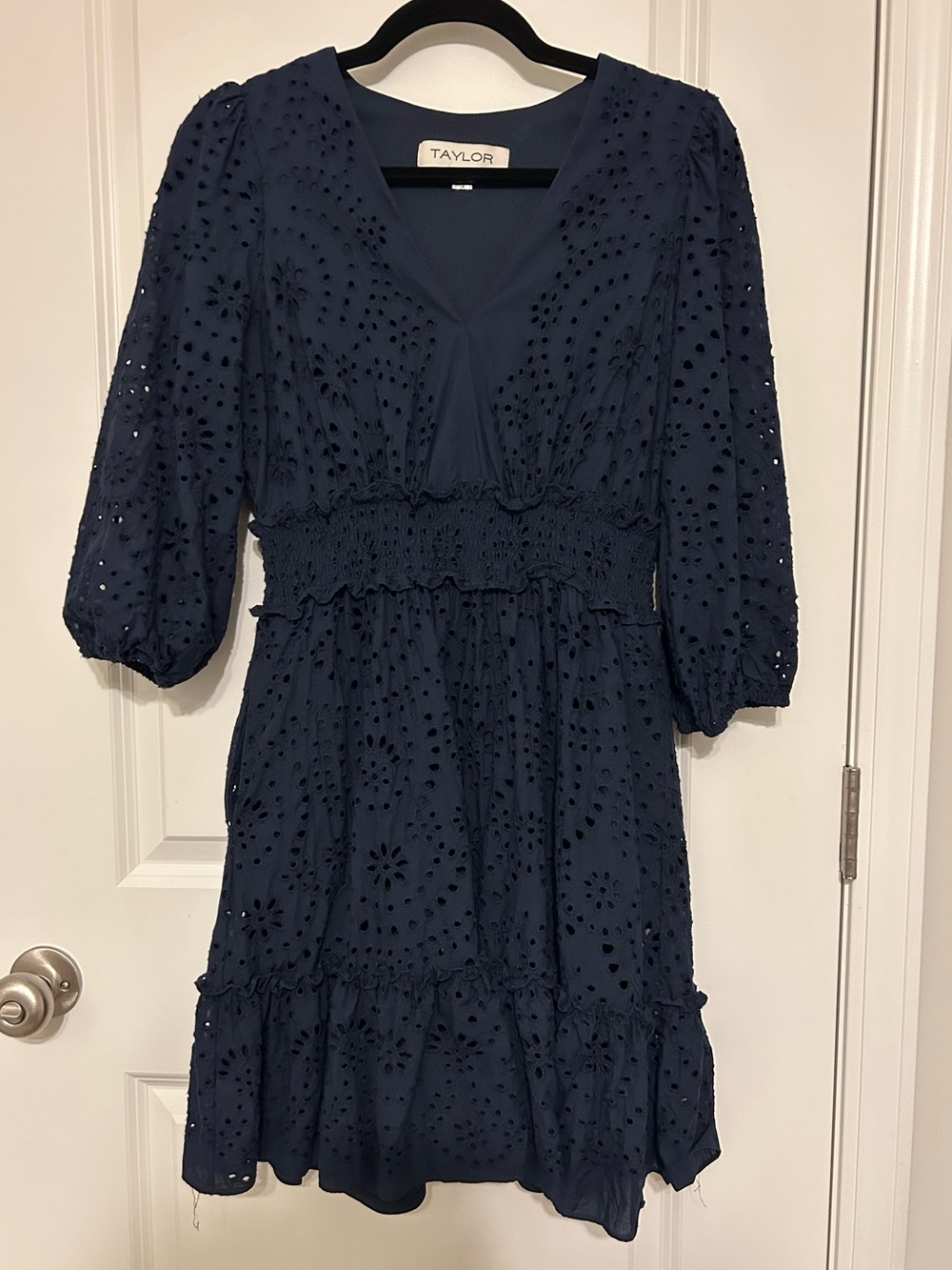 Taylor Navy Eyelet V-Neck Dress